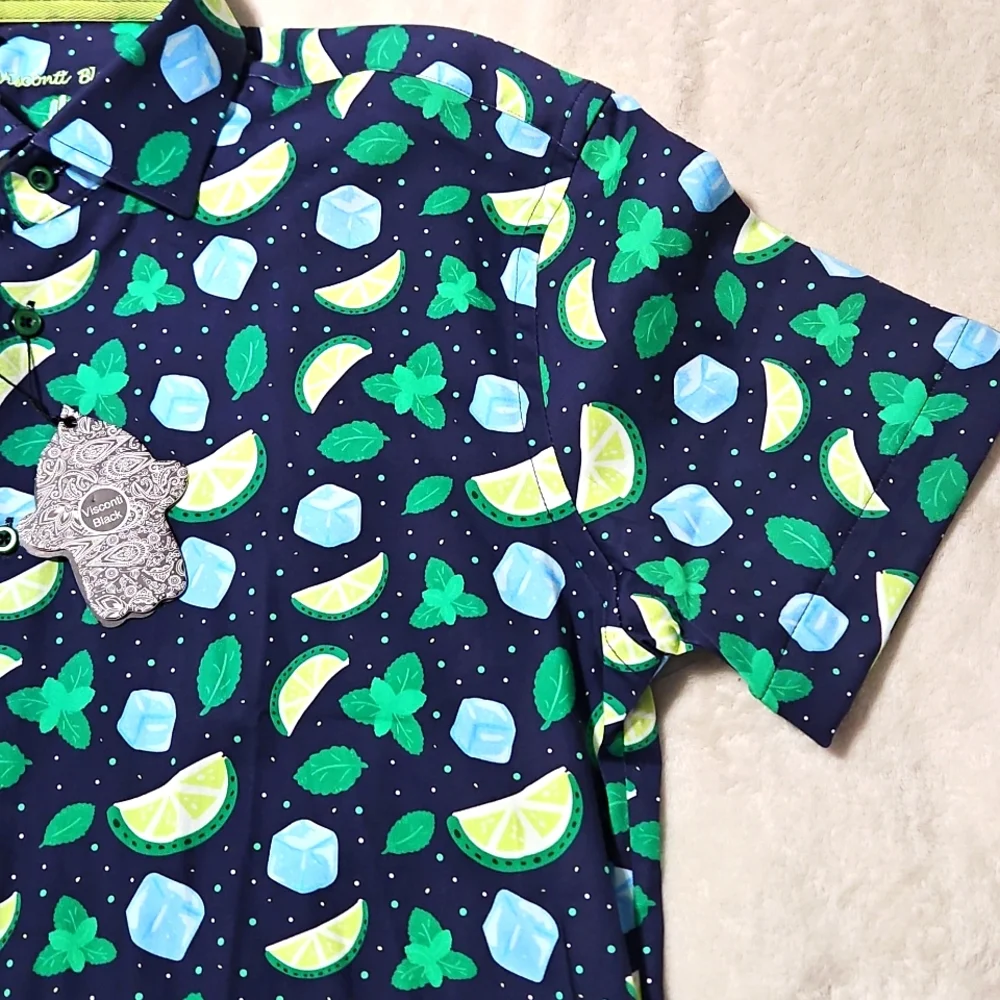 Visconti Black Men's Short Sleeve Button-up: Size- Medium- Navy Mojito Print - Picture 1 of 10